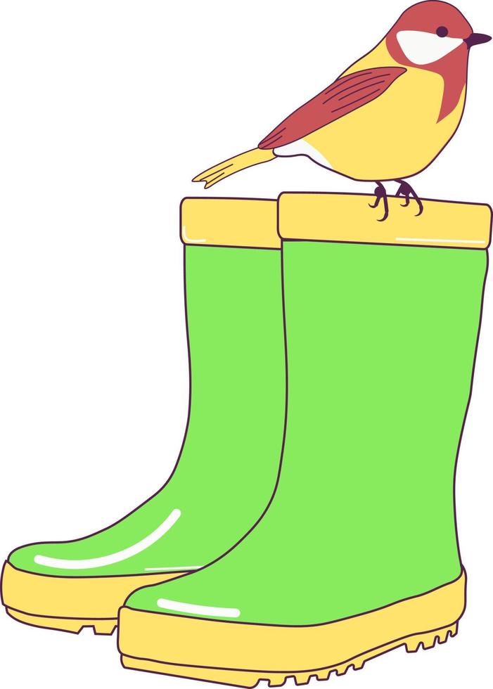 Rubber boots vector stock illustration. Yellow autumn shoes. A bluebird bird is sitting on a pair of shoes. Children's cute drawing. A template for a print, a sticker.
