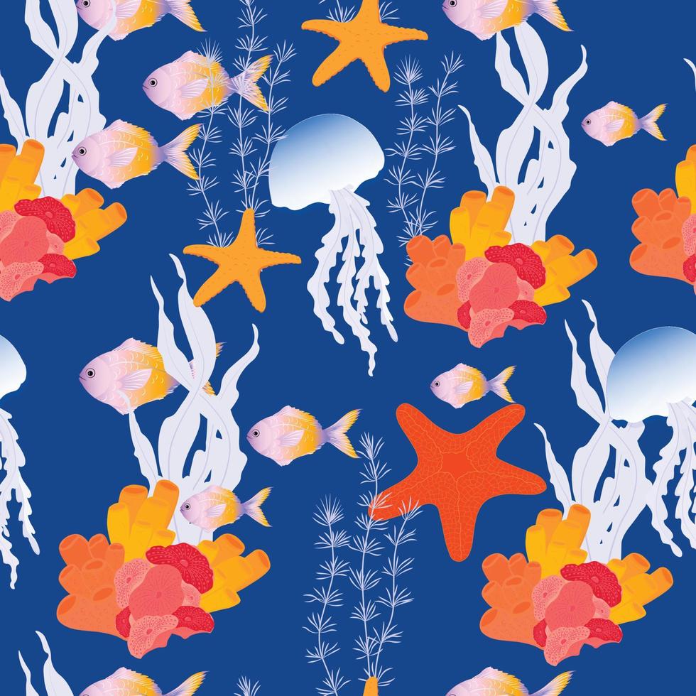 Corals and seaweed. Vector Botanical Illustration. Underwater flora, sea plants. Underwater world. Diving.  Kelp.  Seamless pattern, endless ornament.