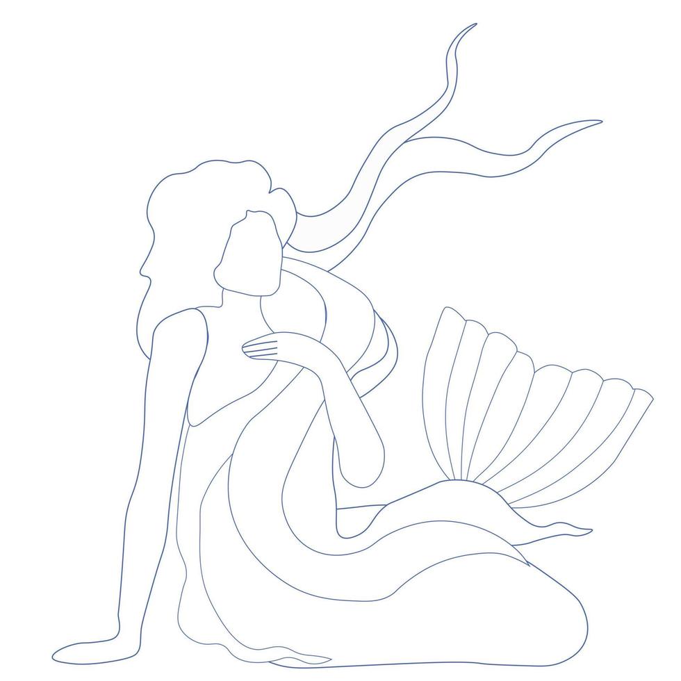 continuous one line drawing of a mermaid fairytale vector illustration.