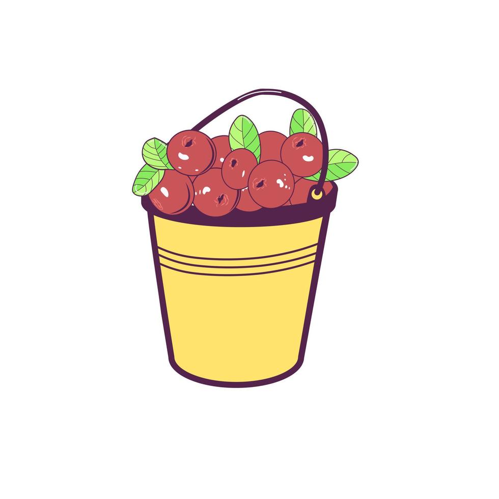 Full bucket of red ripe lingonberries on a white background. Juicy and fresh  cowberry realistic forest cartoon vector illustration isolated for poster or emblem.