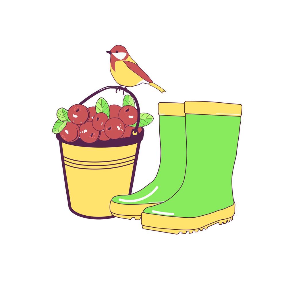 Colorful vector illustration. A yellow bucket full of cranberries . Rubber boots. On the bucket sits a bird titmouse. Cartoon, fabulous. Isolated white background.