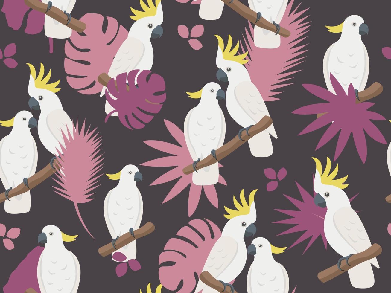 Vector parrots love seamless pattern. Cartoon cute cockatoo family with tropical leaves. Creative style texture for fabric, wrapping, textile, wallpaper, apparel.