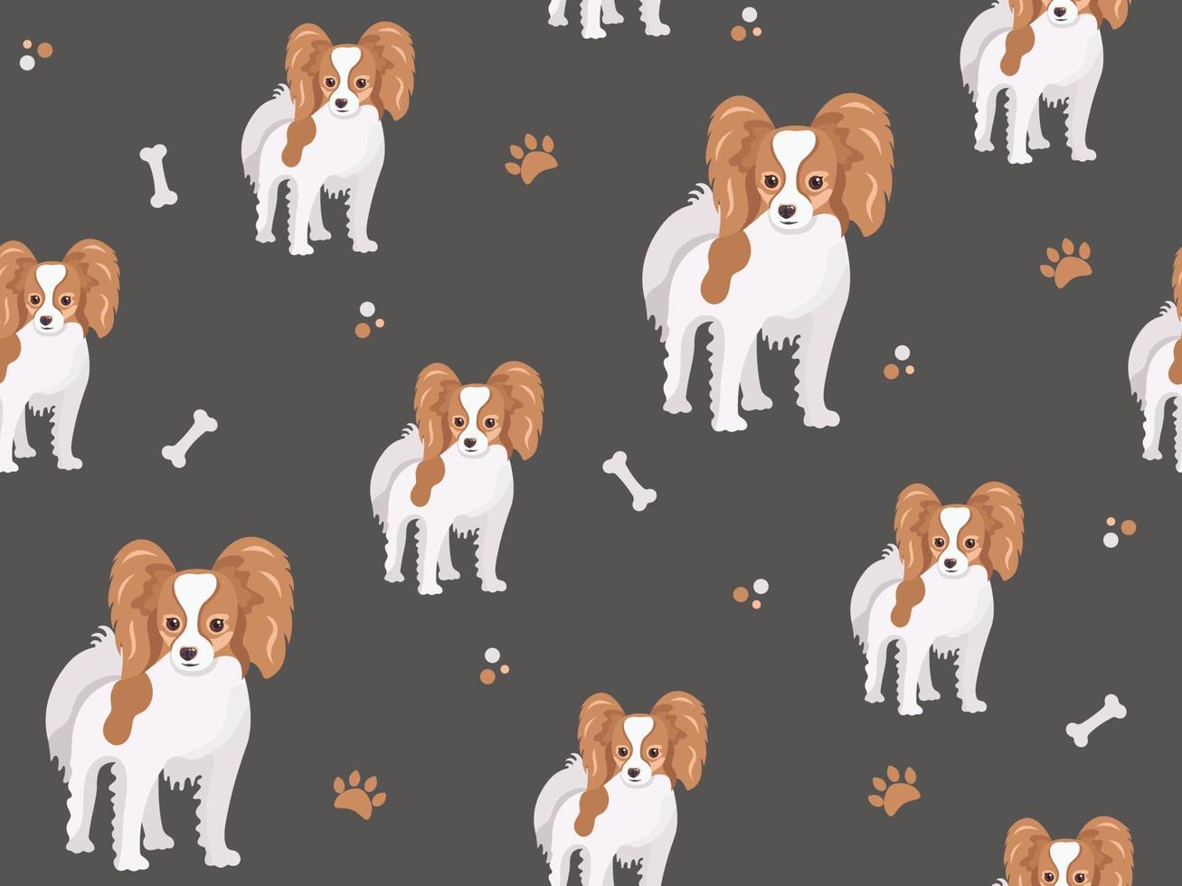 Seamless pattern with little papillon dog. Cartoon home pet, cute puppies for print, posters and postcard. Vector animals background. Funny little doggy pattern