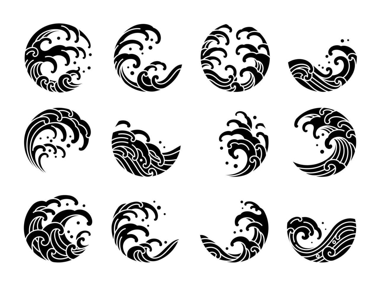 Set of water wave tattoo oriental style vector. vector