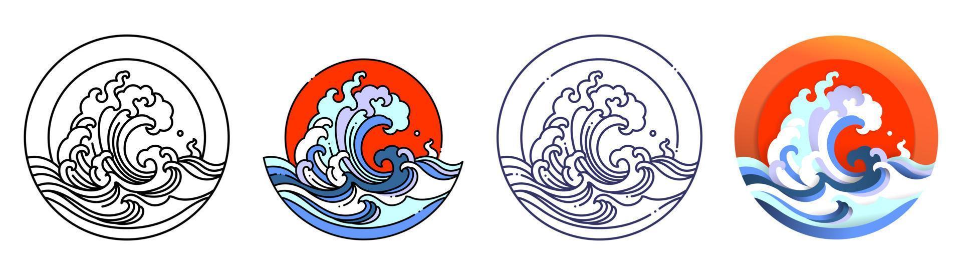 Wave water and sun vector art illustration.