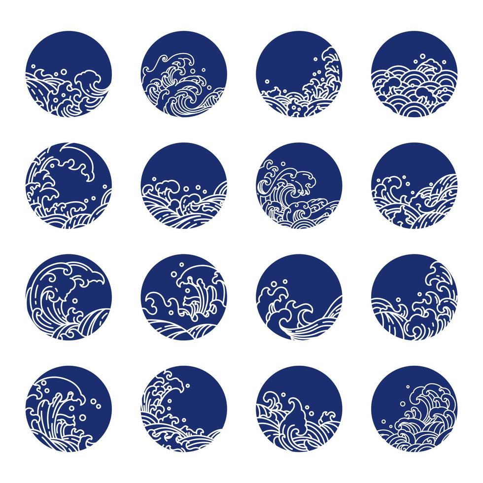 Japan wave in round shape vector set