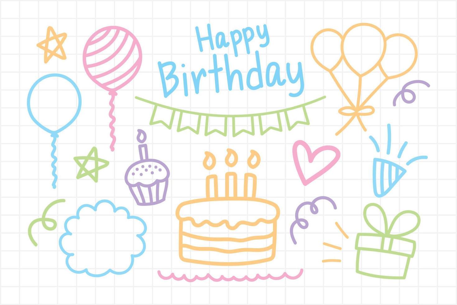 cute happy birthday graphic element set in doodle style vector