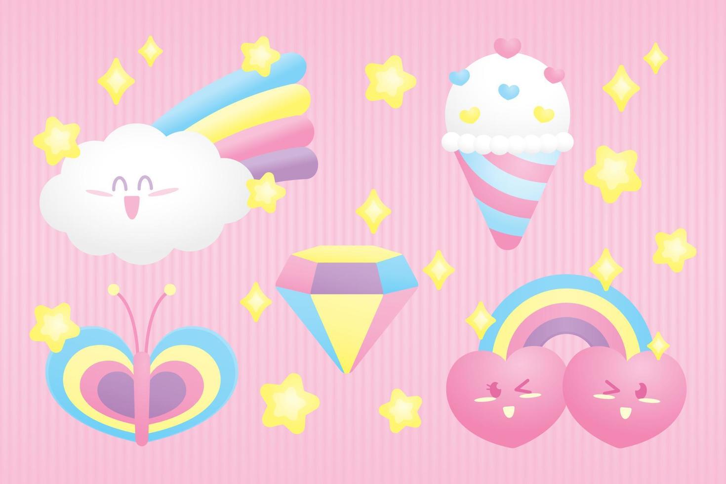 cute pastel color kawaii style cartoon graphic element vector set