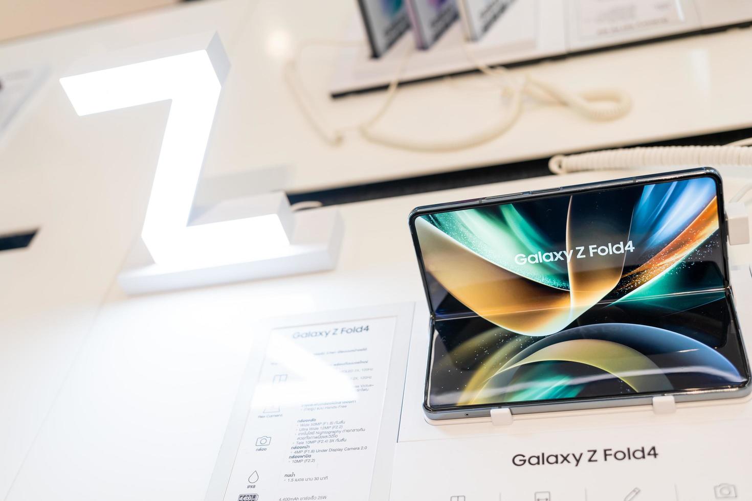 Bangkok Thailand Feb 23 2023 Samsung launch The New Galaxy Samsung Galaxy Z Fold 4 new models, demo display launch at store. Modern mobile phone technology concept photo
