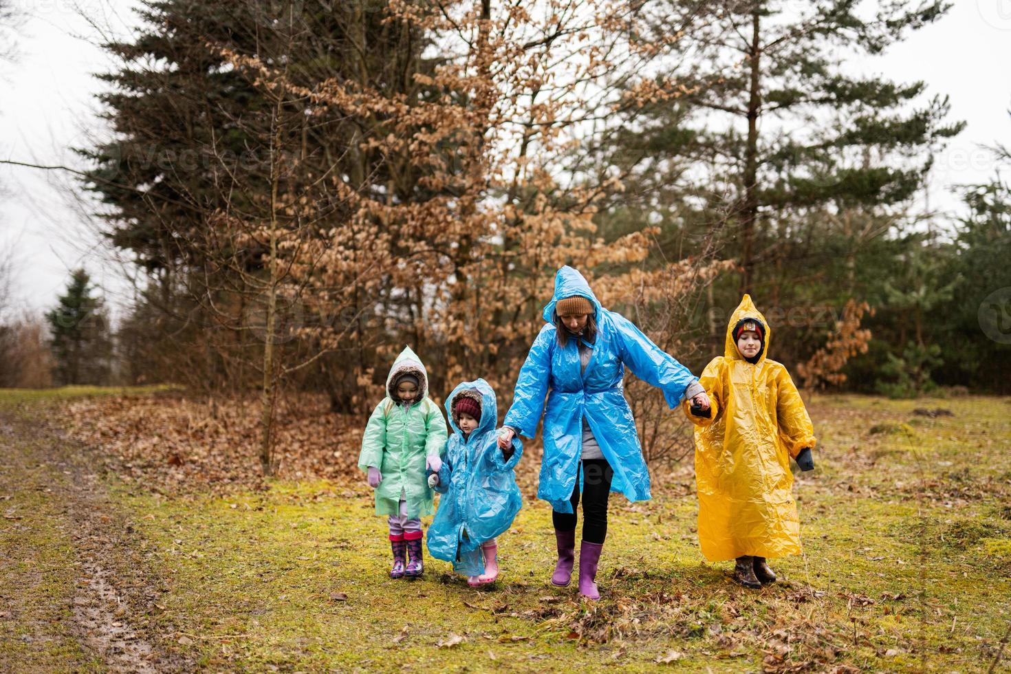 Mother and three children walking in the forest after rain in raincoats together. photo