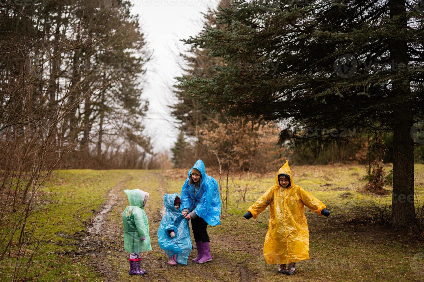 Mother and children walking in the forest after rain in raincoats together. photo