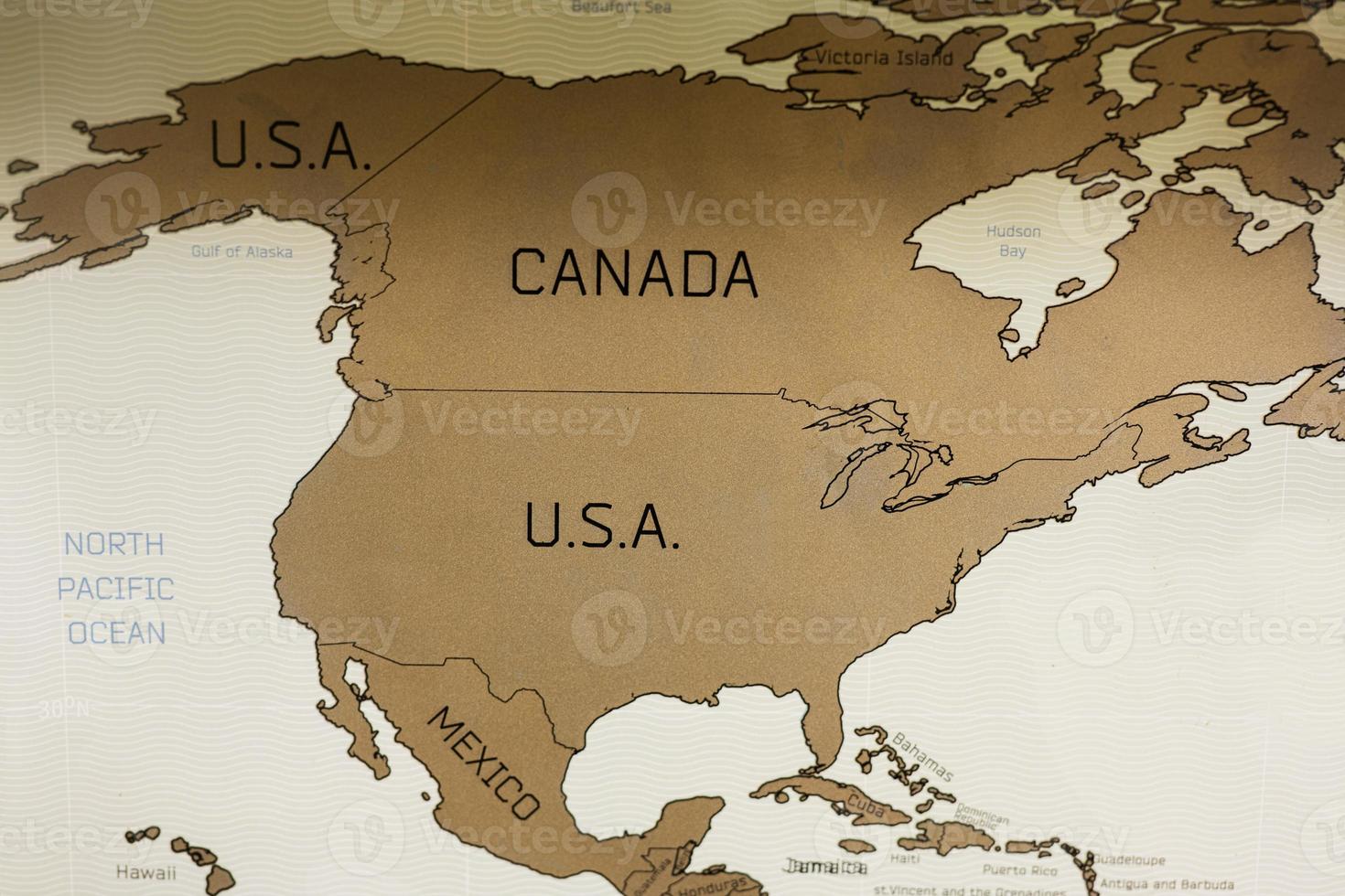 Travel scratch map, view of Canada and USA. photo