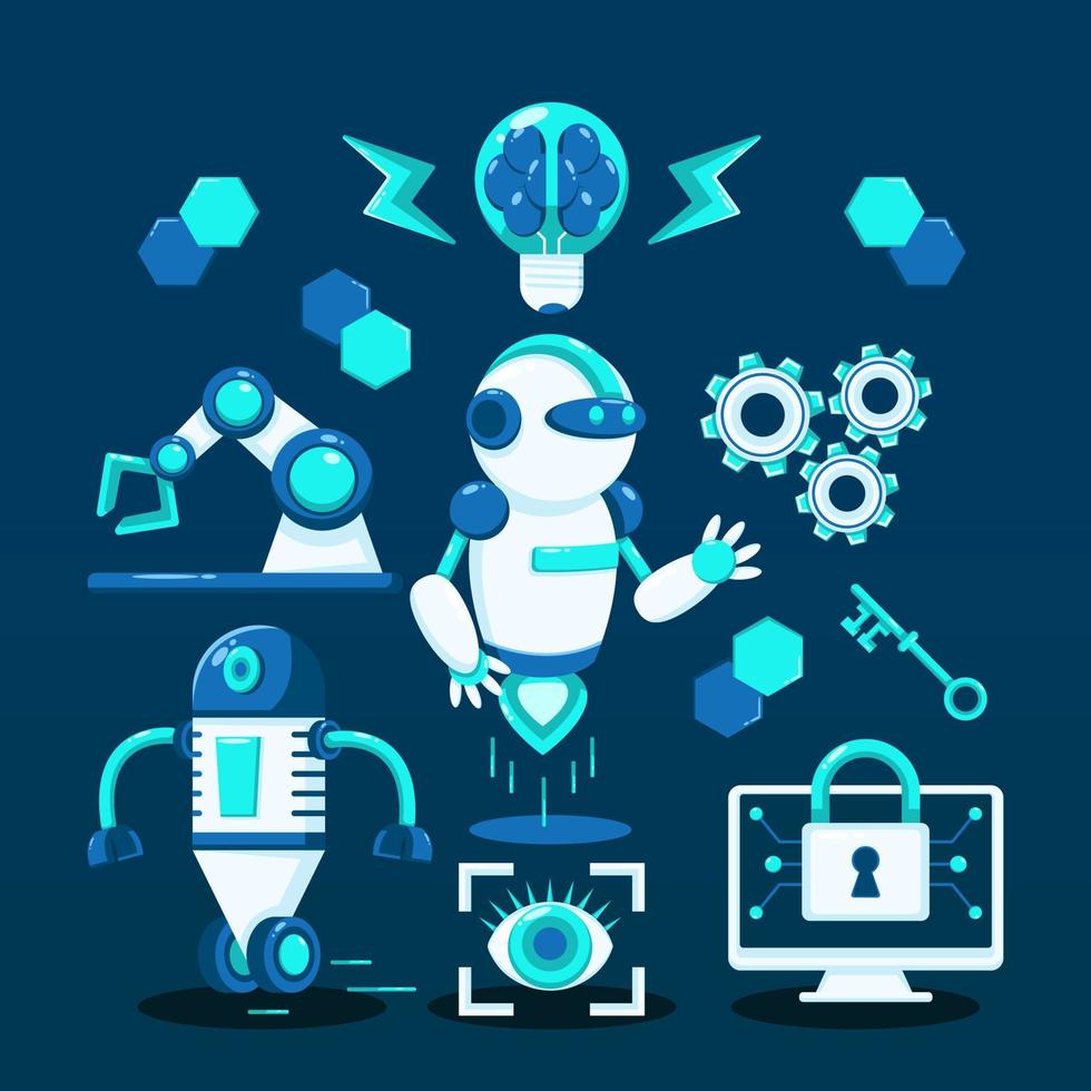 Robot technology vectors. Flying robots, wheeled robots, digital robots, robot brains and safety systems vector