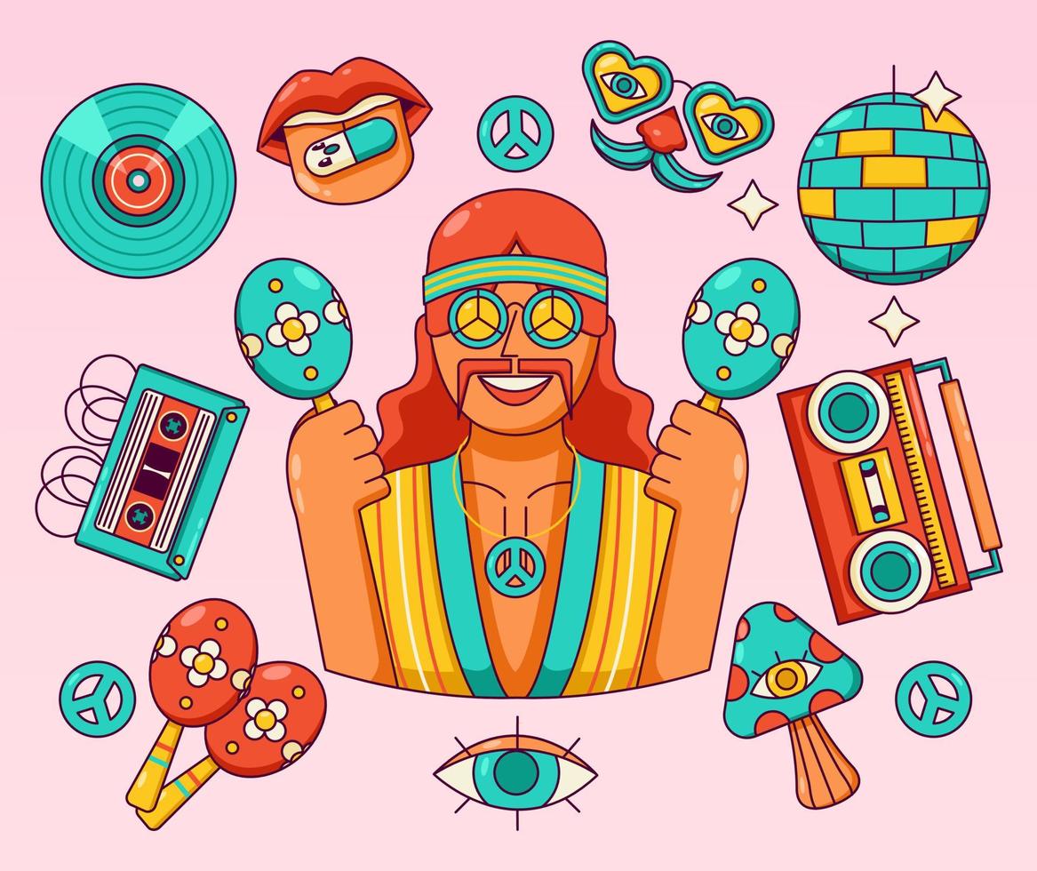 Groovy vector. A man playing maracas, radio, cassette, glasses, music and tongue vector