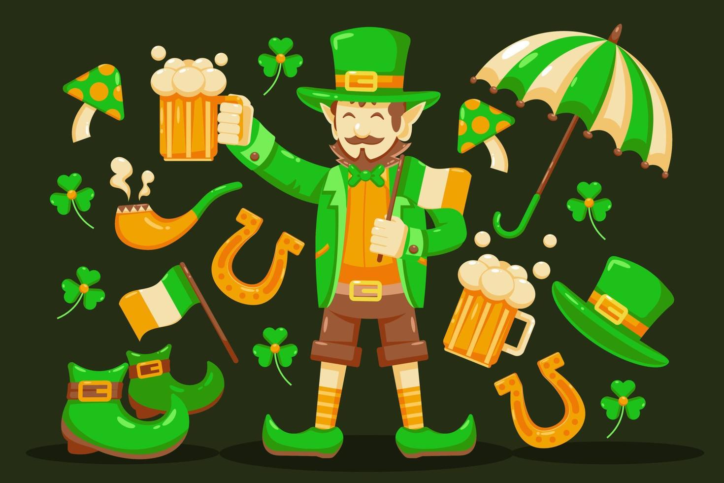 St. Patrick's Day. Vector illustration of a man holding a beer glass with a horseshoe, umbrella, and smoking pipe ornaments