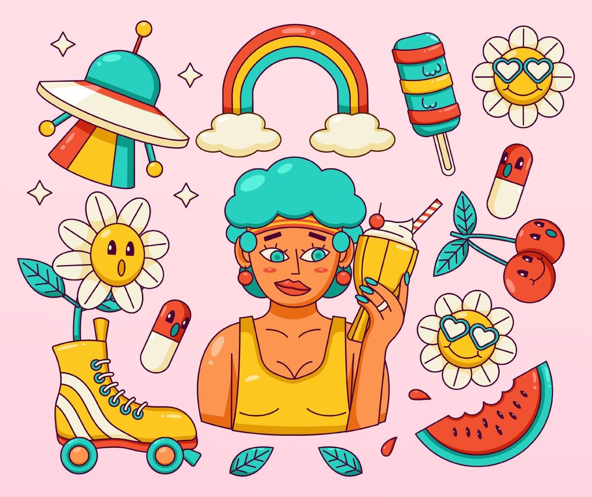 Groovy vector. Woman holding ice cream, roller skates, ufo, chery, rainbow and flowers vector