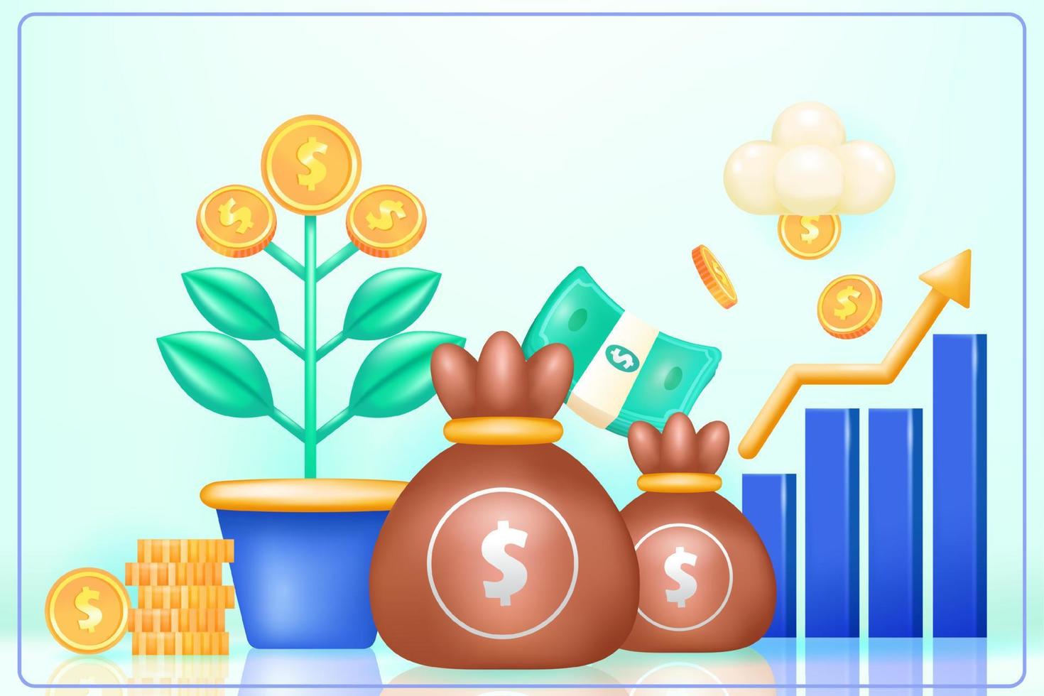 Finance. Money bag 3d vector illustration, business improvement chart and money tree