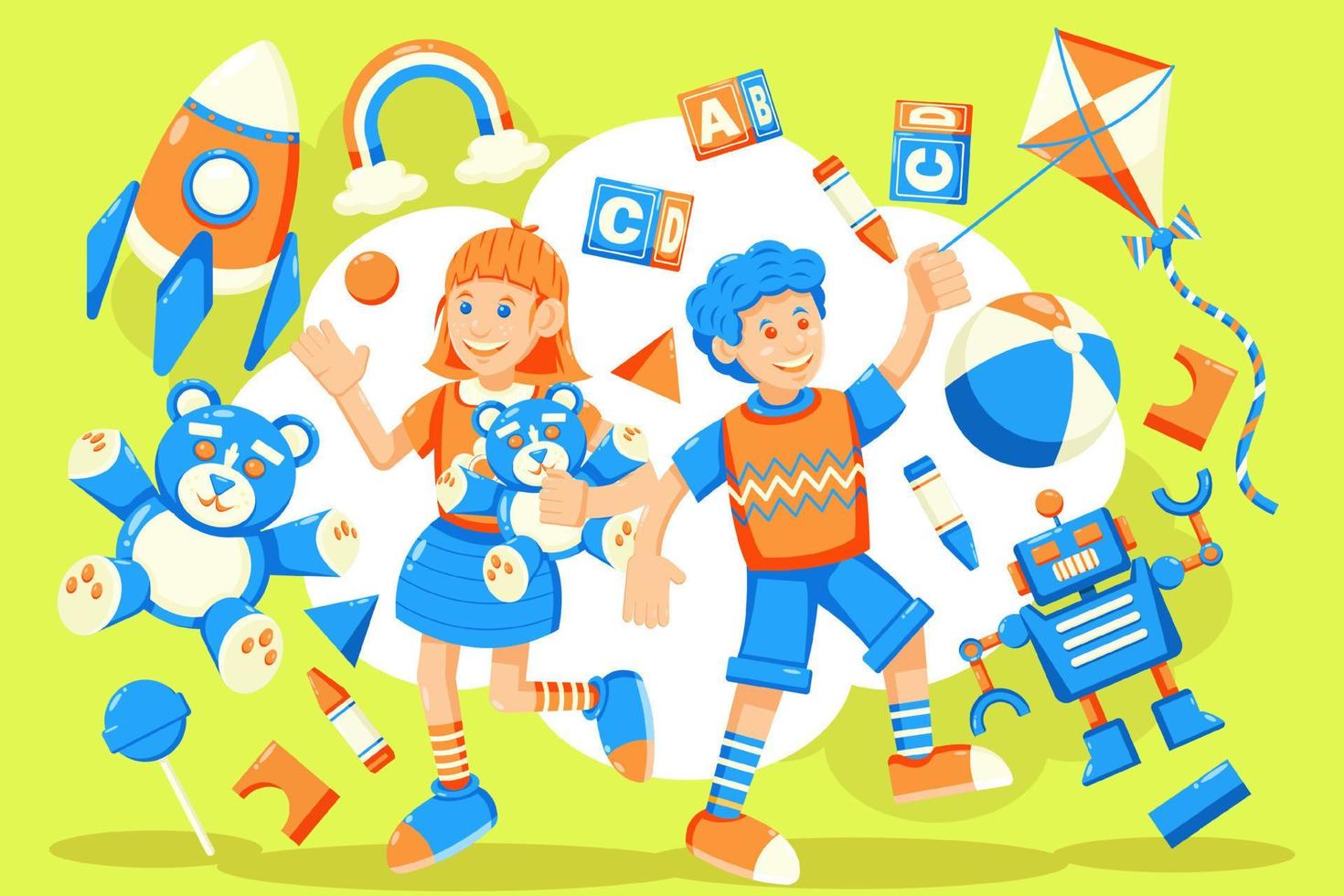 Vector of children playing. children playing with dolls, robots, kites and rockets