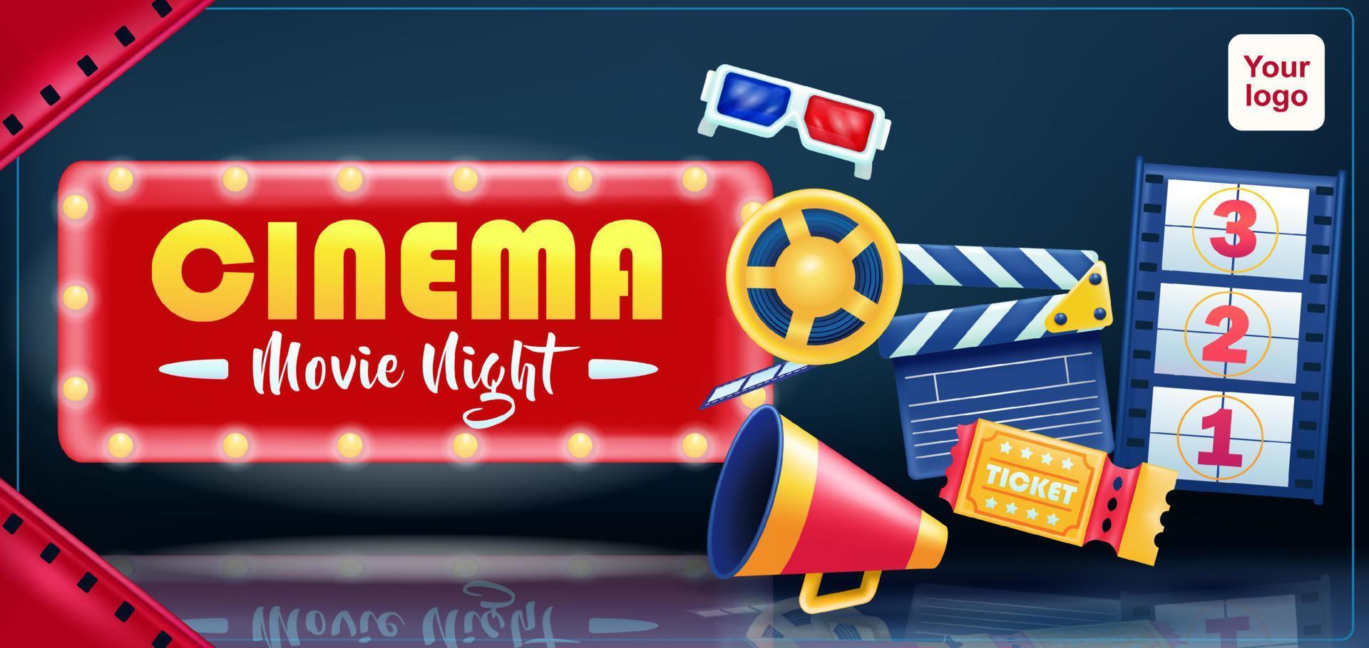 Cinema, Movie Night. 3d vector clapper board, director's megaphone, ticket, 3d glasses and movie tape