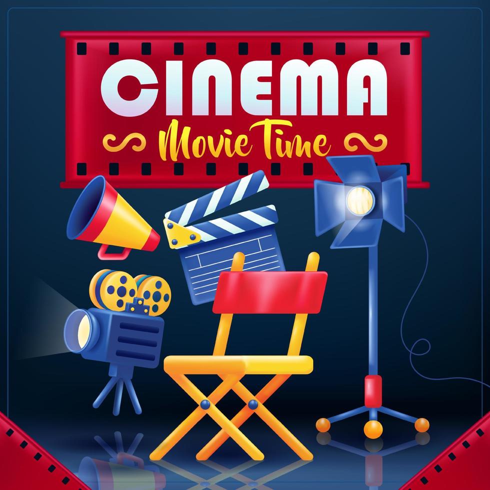 Cinema, Movie Time. 3d vector director's chair, camera, lighting and megaphone