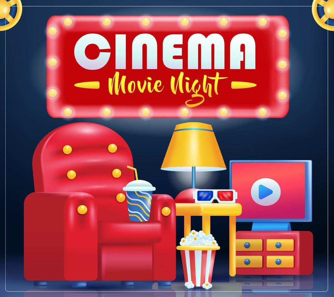 cine, película noche. 3d vector asientos, palomitas de maiz y bebidas