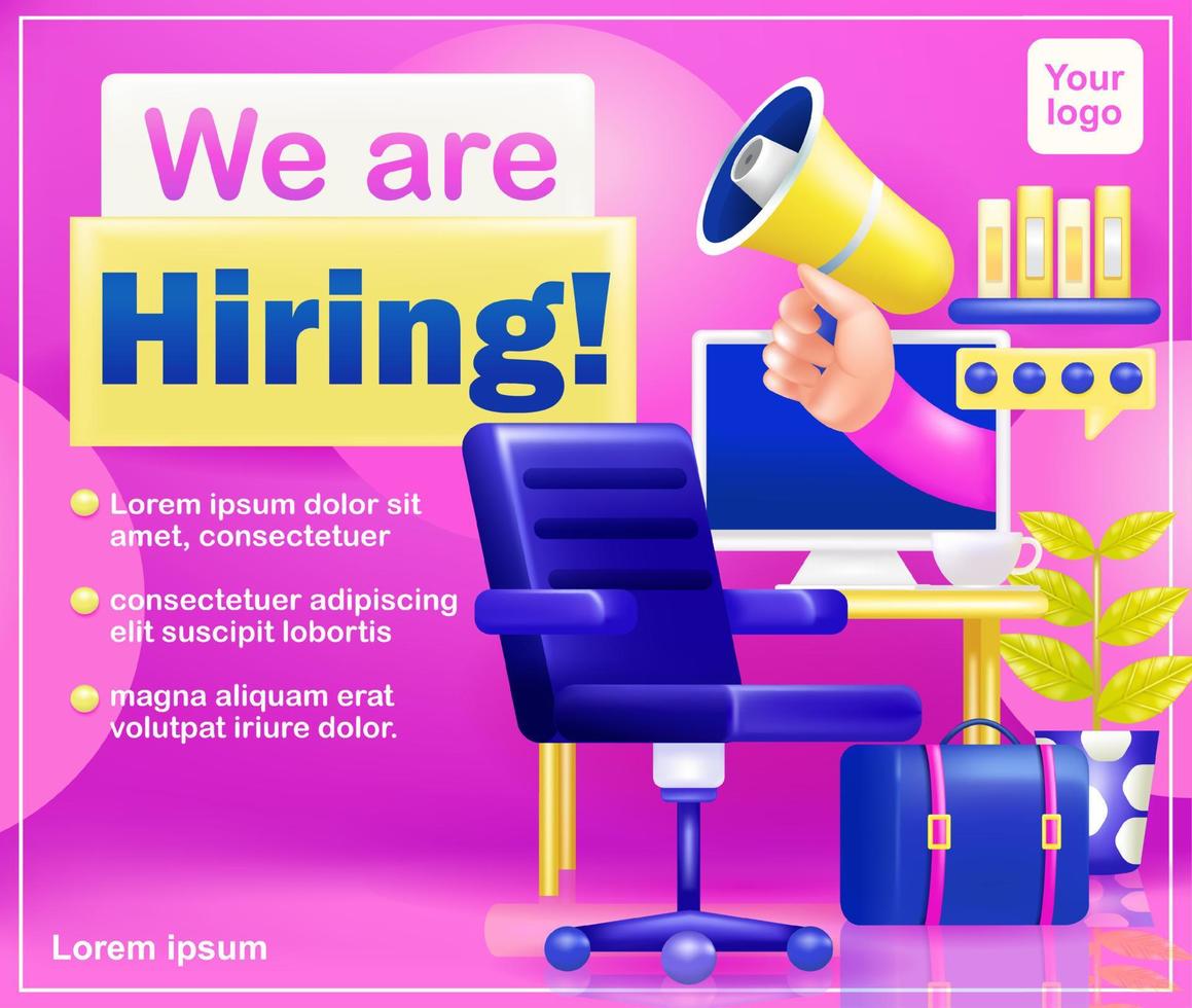 We are Hiring. 3d vector of work desk, chair and hand holding megaphone from inside computer