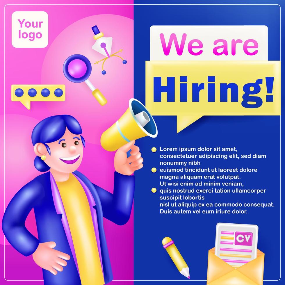 We are Hiring. 3d Vector Woman holding a megaphone