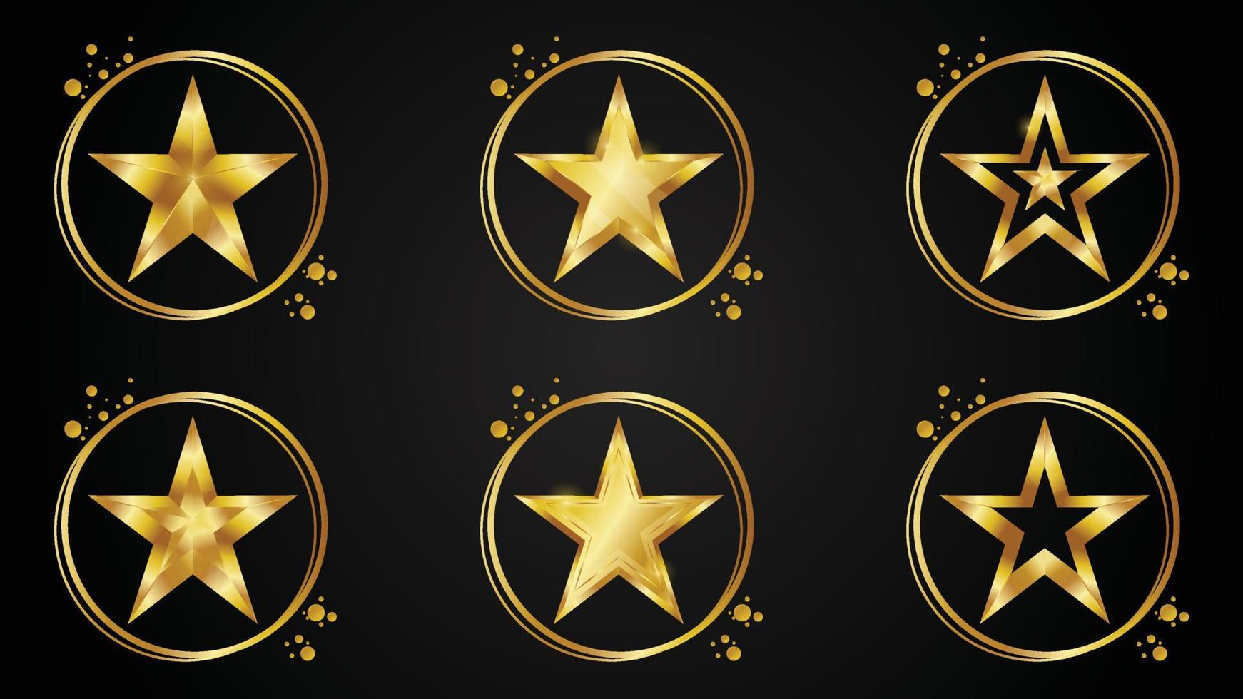 Set of golden stars with gold circle ring vector illustration isolated on white background.