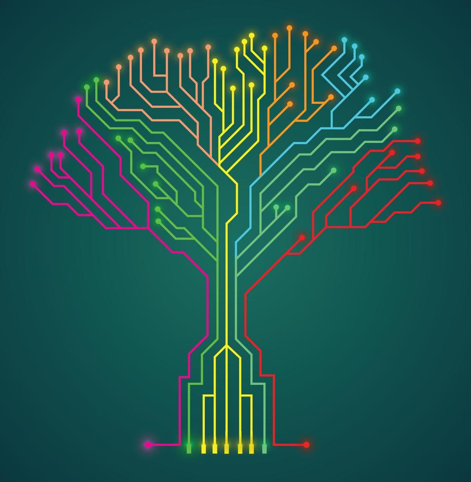 Colorful circuit board symbol tree shape technology concept vector illustration isolated on gradient background.