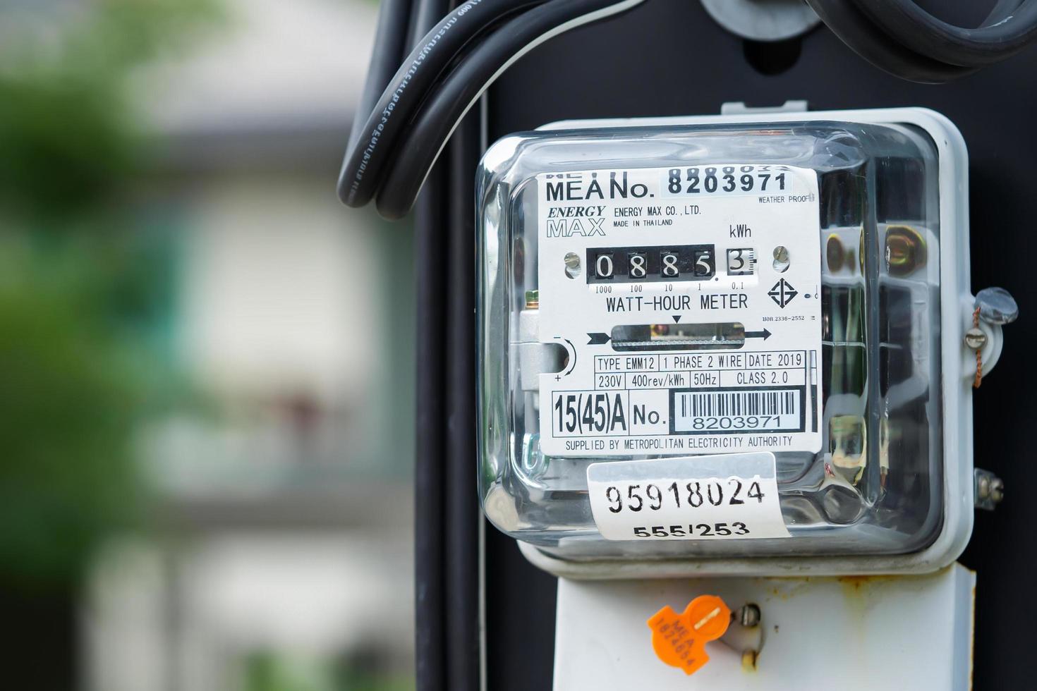 Bangkok, Thailand June 20, 2022,Electric measuring power meter for energy cost at home and office. photo