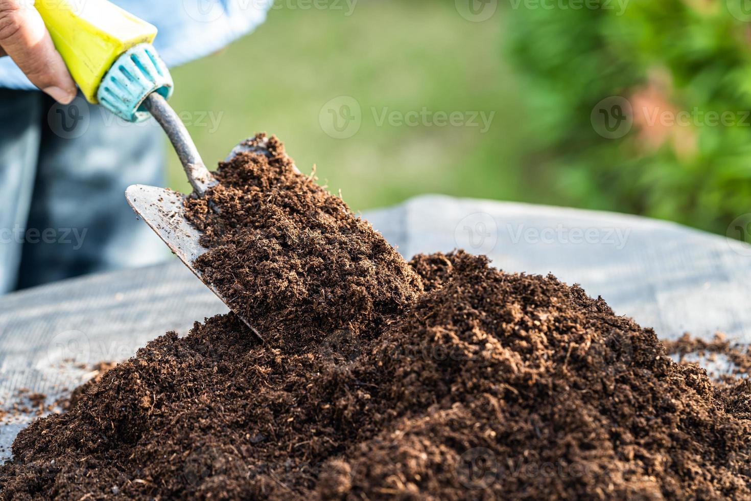 Gardener woman holding peat moss organic matter improve soil for agriculture organic plant growing, ecology concept. photo