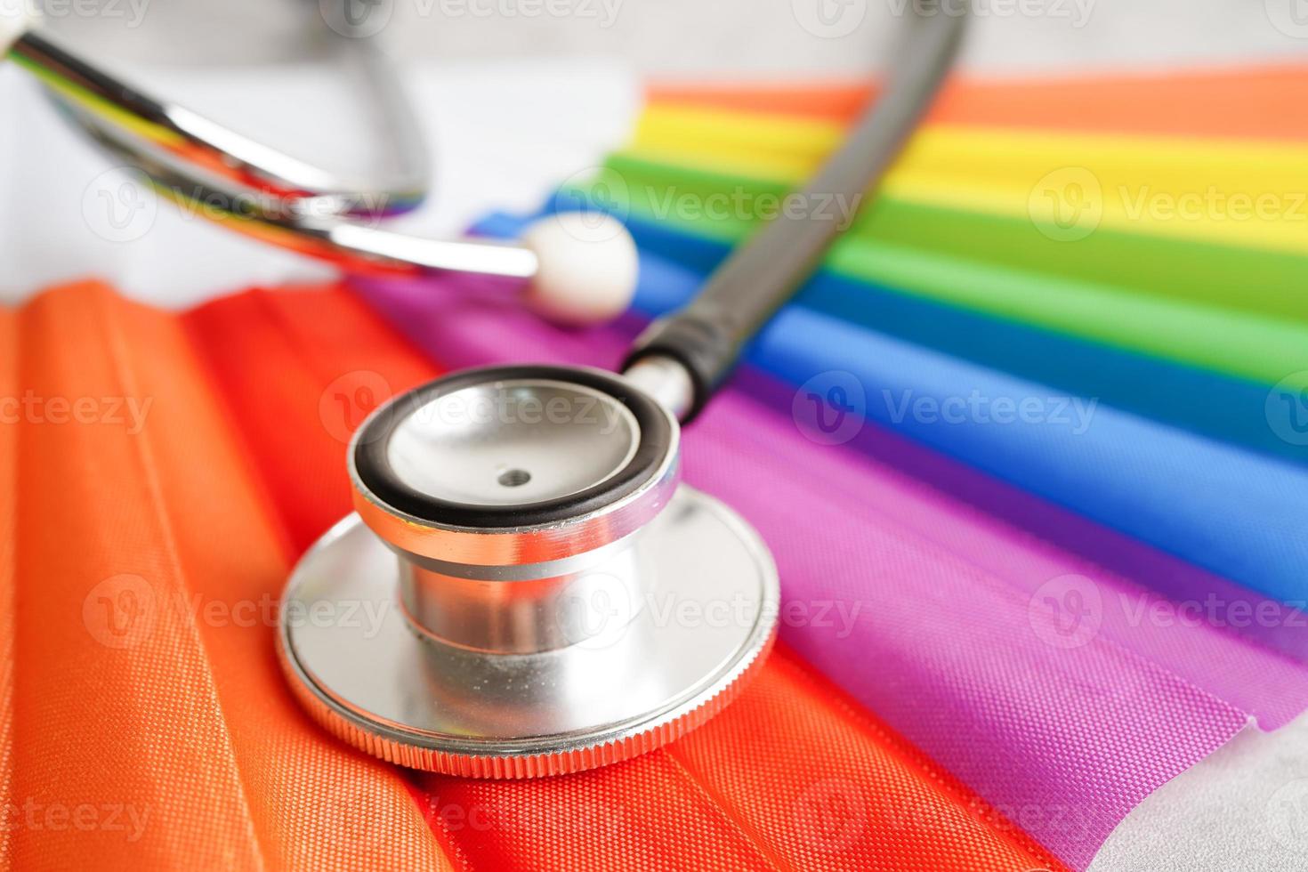 LGBT symbol, Stethoscope with rainbow ribbon, rights and gender equality, LGBT Pride Month in June. photo