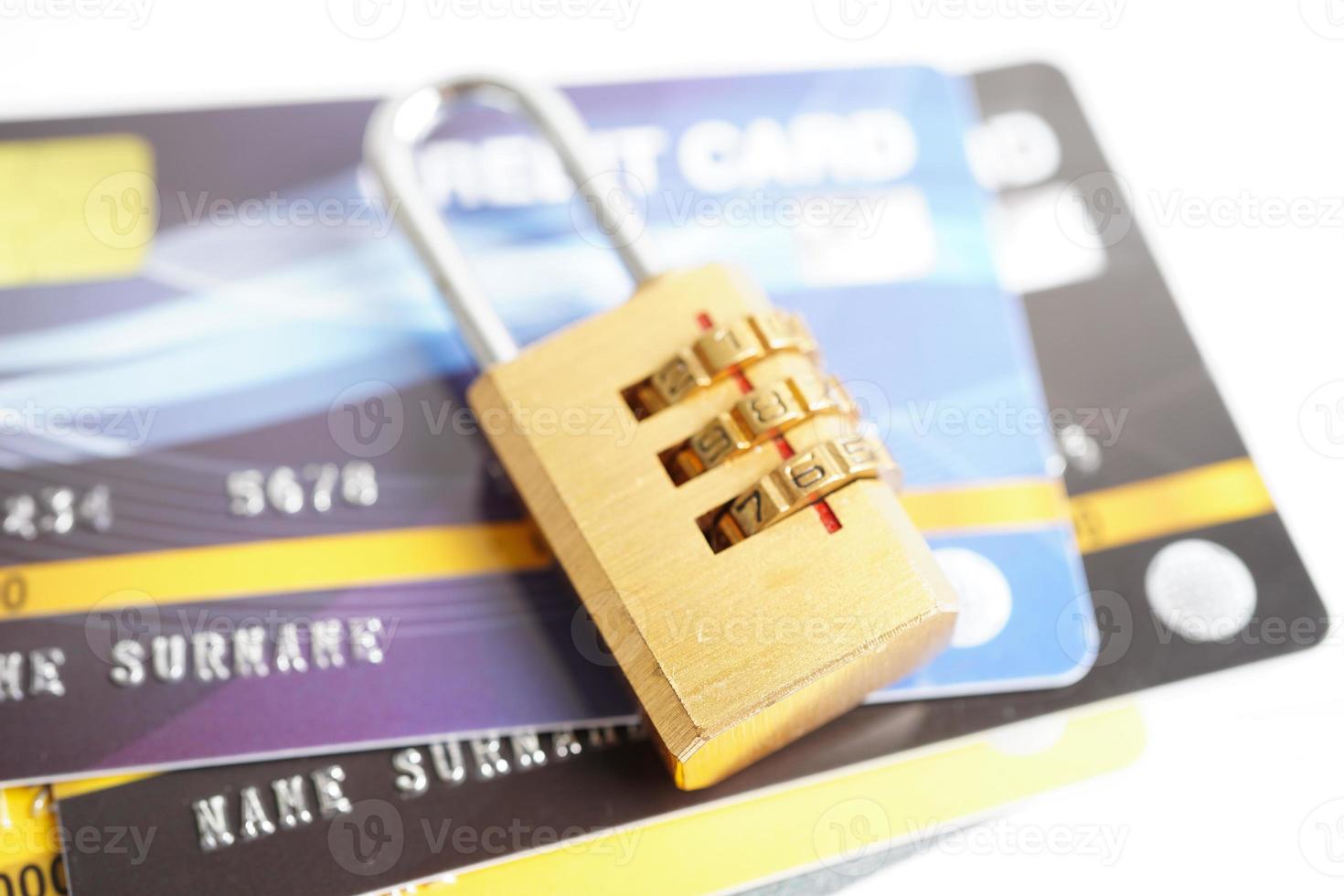 Credit card with password key lock, security finance business concept. photo