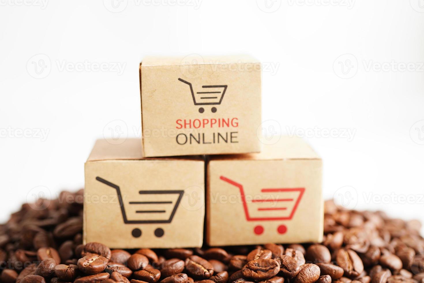 Shopping cart box on coffee beans, shopping online for export or import. photo