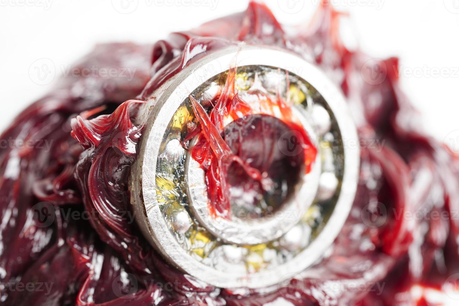 Grease and ball bearing, red excellent water resistance synthetic lithium complex grease for moving path and machinery lubrication for automotive and industrial. photo