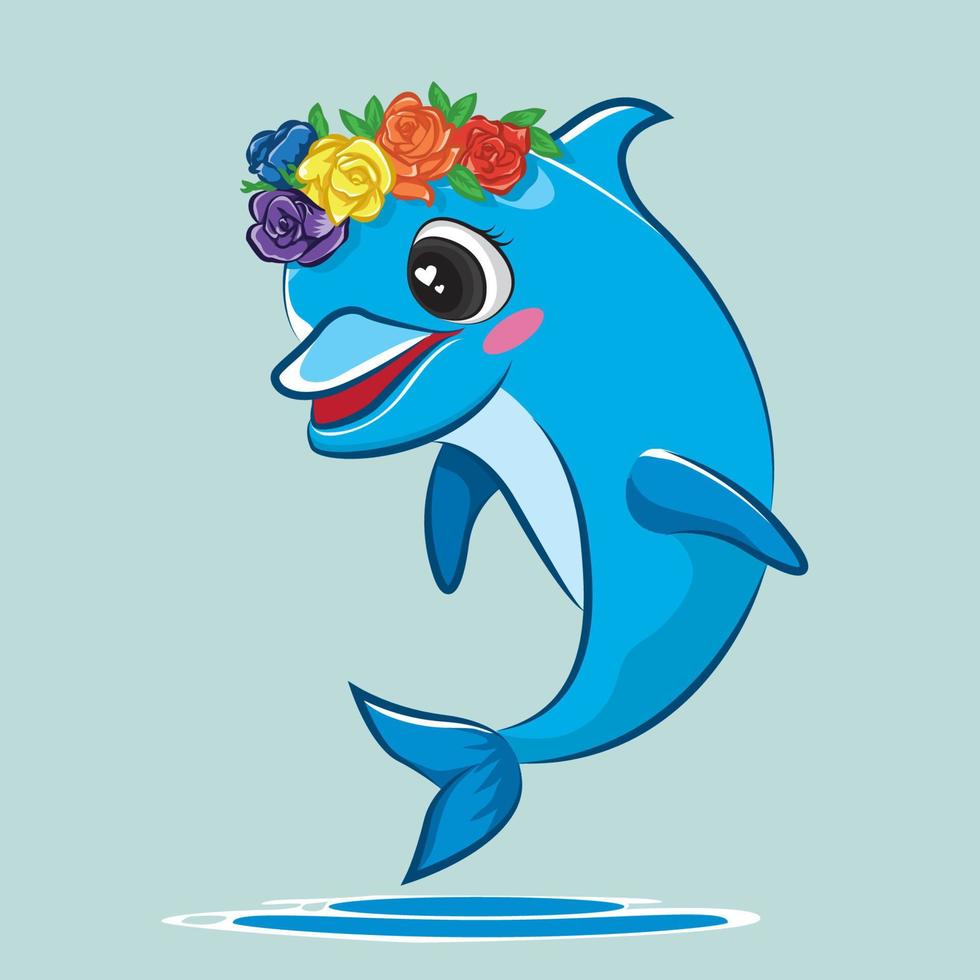 Vector illustration of a cute happy dolphin with roses for design element