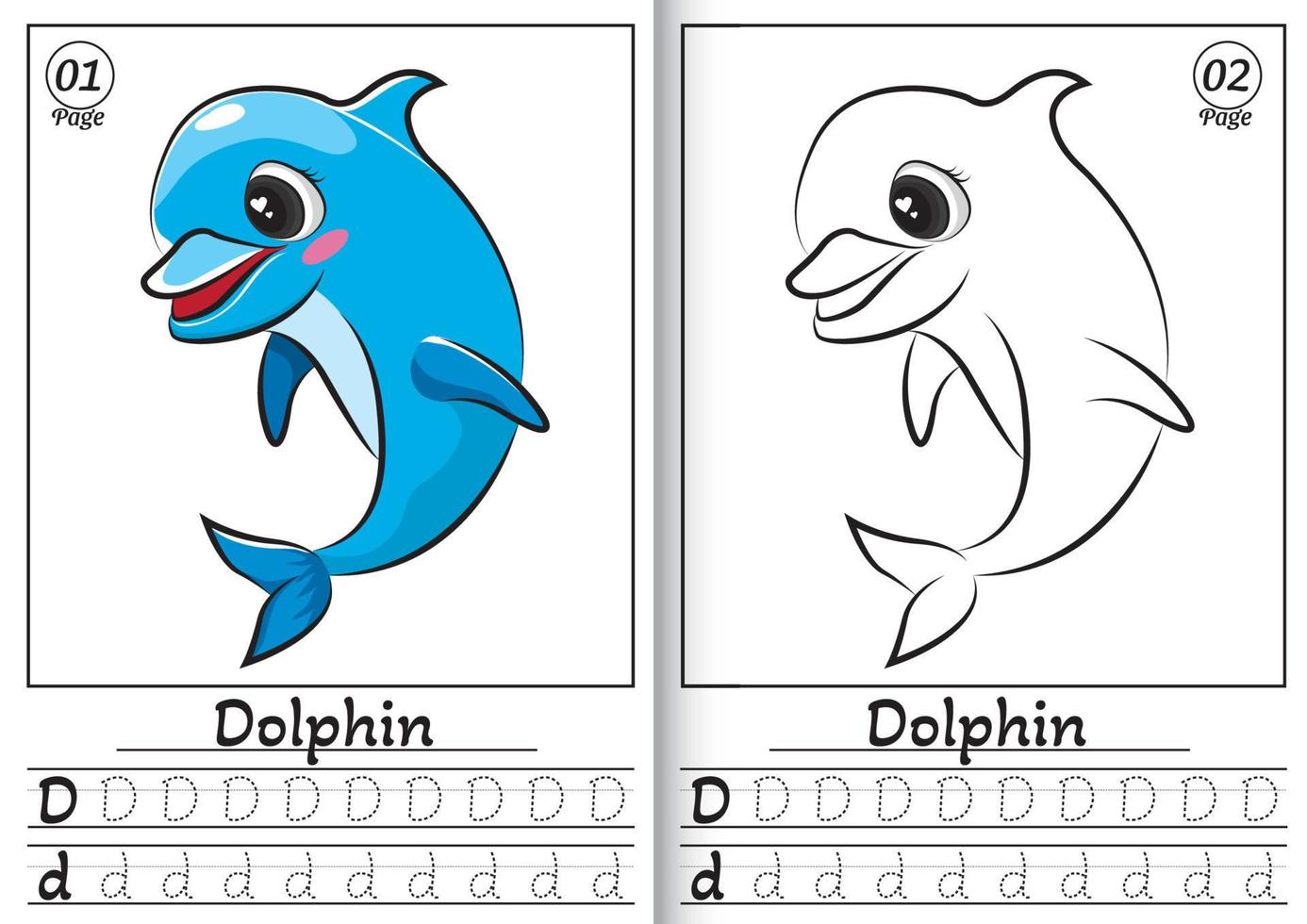 Dolphin Alphabet ABC Coloring Page D. Tracing all letters of English alphabet. Preschool activity for kids vector