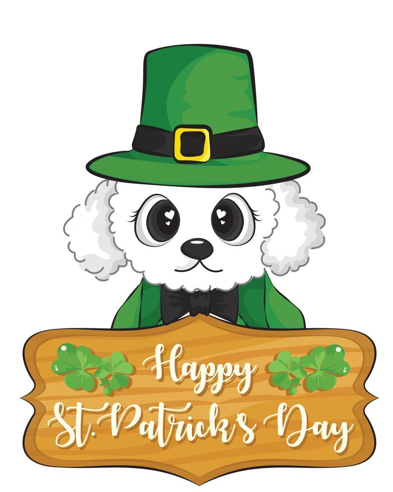 A dog in a leprechaun hat on a white background with green clovers. St Patrick's Day concept vector