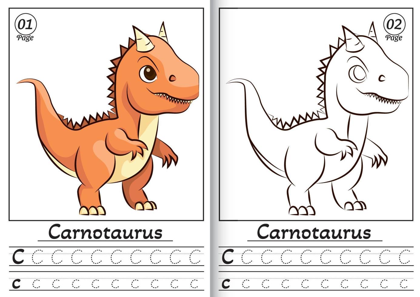 Carnotaurus Alphabet ABC Coloring Page C. Cute Cartoon dinosaur on a White Background Coloring Page vector