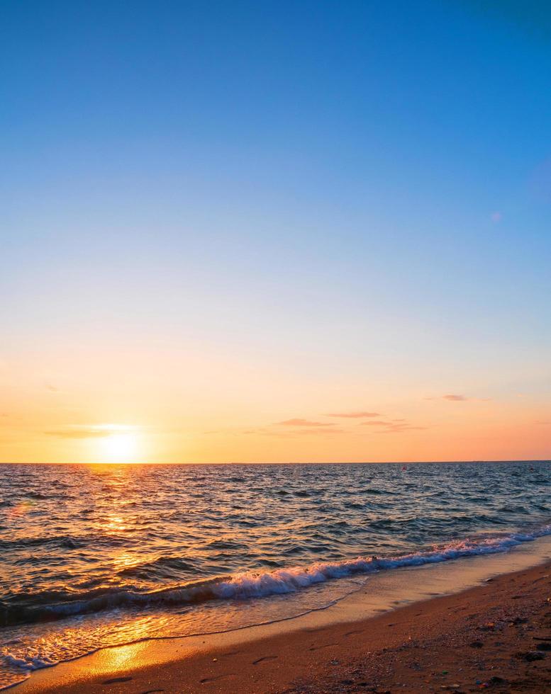 Panorama front viewpoint landscape travel summer sea wind wave cool on holiday calm coastal big sun set sky light orange golden Nature tropical Beautiful evening hour day At Bang san Beach Thailand. photo