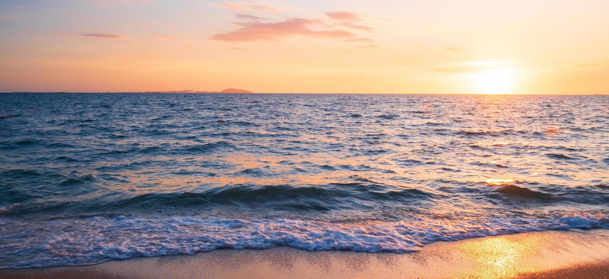 Panorama front viewpoint landscape travel summer sea wind wave cool on holiday calm coastal big sun set sky light orange golden Nature tropical Beautiful evening hour day At Bang san Beach Thailand. photo