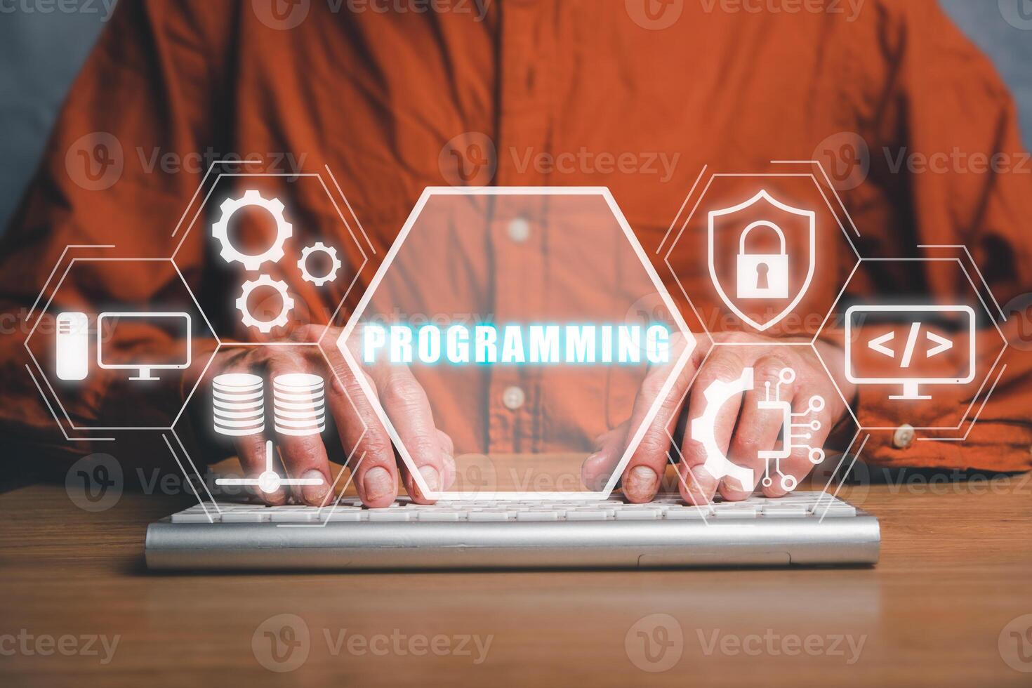 Programming concept, Person hand typing keyboard computer on desk workplace with programming icon on virtual screen. photo