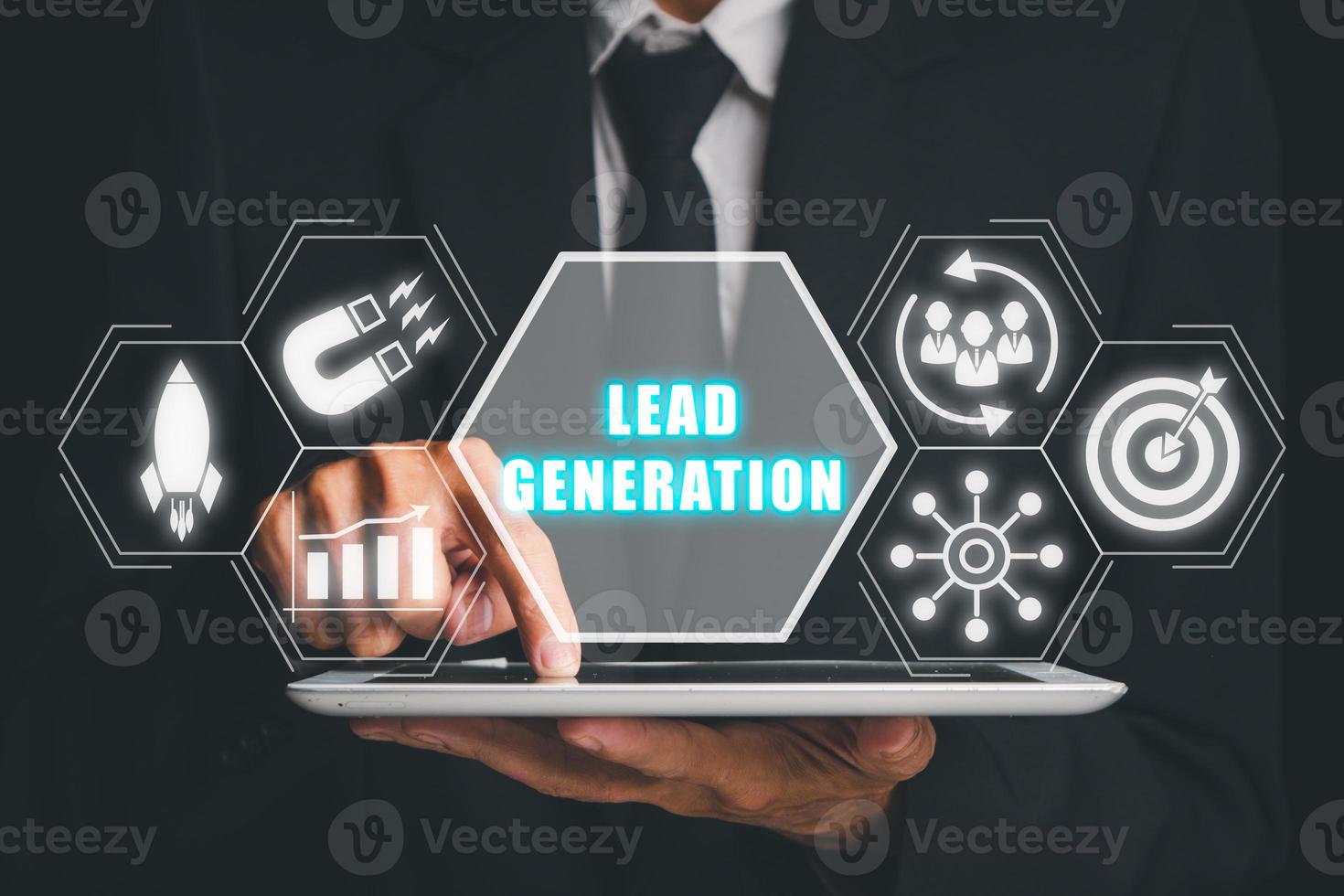 Lead Generation concept, Person using digital tablet with Lead Generation icon on virtual scren. photo