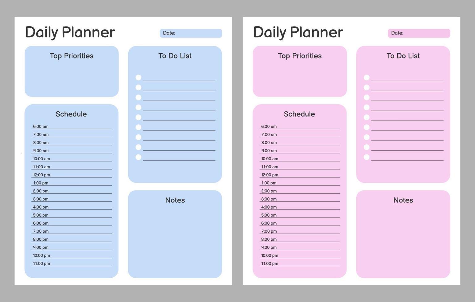 Set of minimalist daily planner and to do list. Modern planner template set. Business organizer schedule pages for a day for effective planning. Paper sheet. vector