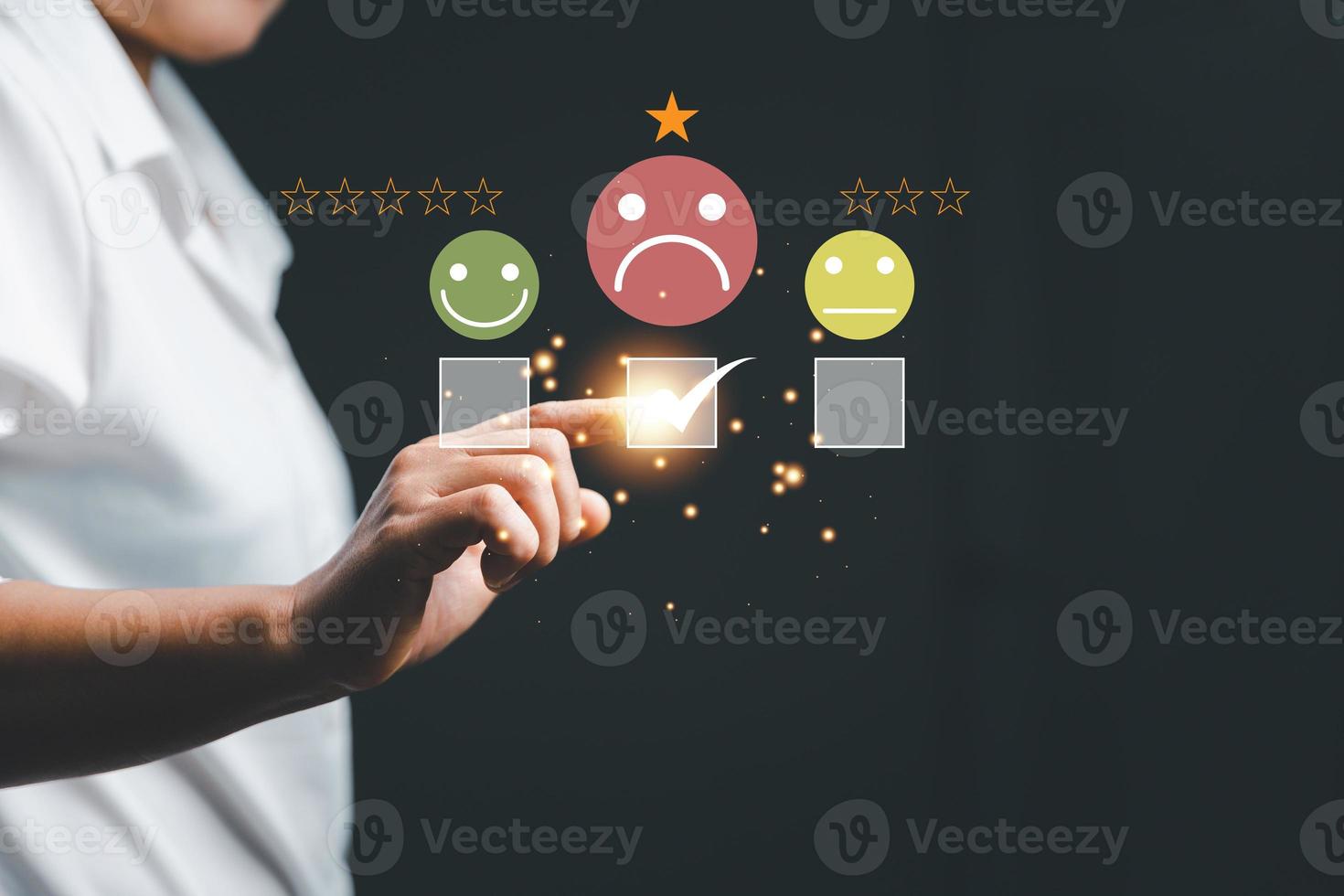 Customer Experience dissatisfied Concept, Unhappy Businesswoman Client with Sadness Emotion Face, Bad review, bad service dislike bad quality, low rating, negative social media not good. copy space photo