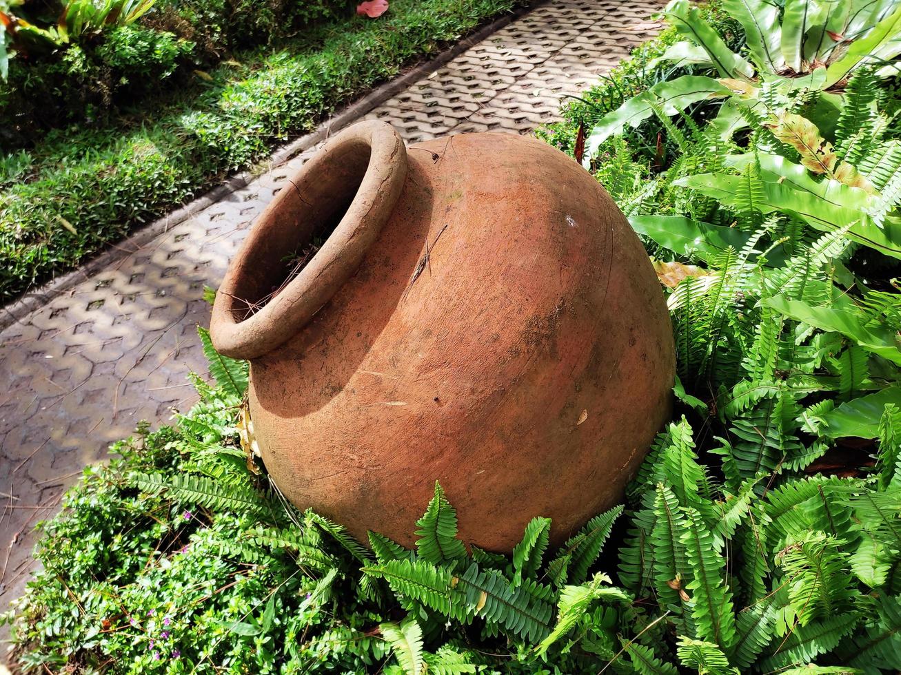 a large brown jug between the leaves and the path photo