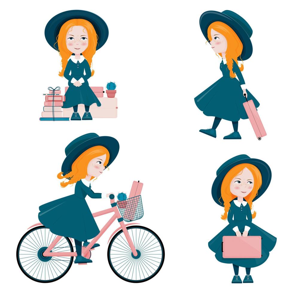 Girl with suitcase SET vector