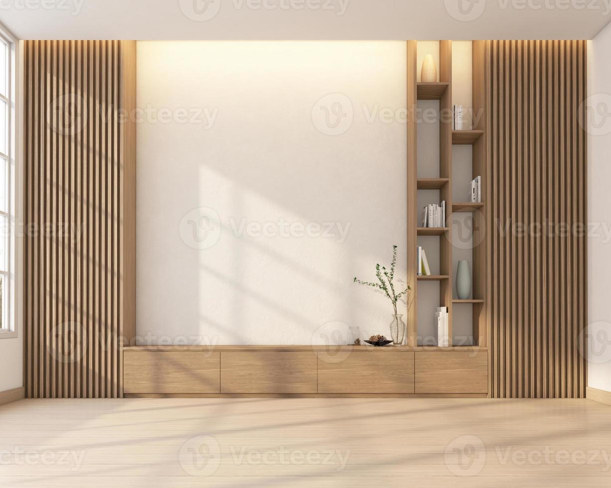 Modern japan style living room decorated with minimalist tv cabinet and bookshelf, white wall and wood slat wall. 3d rendering photo