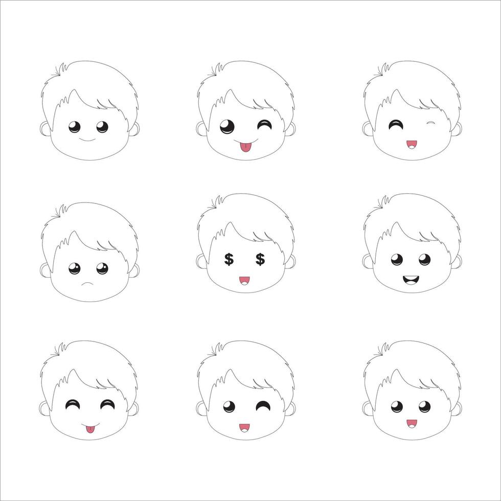 conjunto de caras, conjunto chico emoción caras. vector ilustración niño retrato icono con diferente expresión, vector emoción cara niño