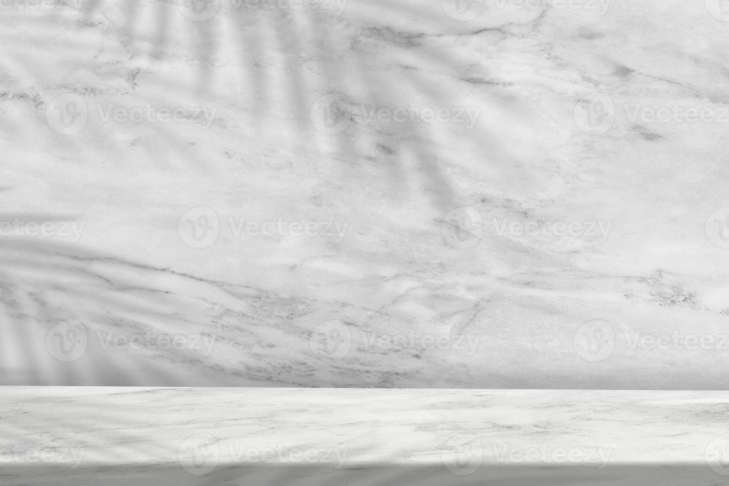 fondo de textura de mármol de pared con superposición de sombra de hojas de palma de coco, superficie de pared de granito natural blanco y gris para mostrador de cerámica o decoración de interiores. fondo de producto de fondo de diseño de lujo foto